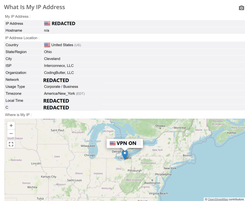 Canada VPN connection showing BrowserLeaks results with the VPN enabled