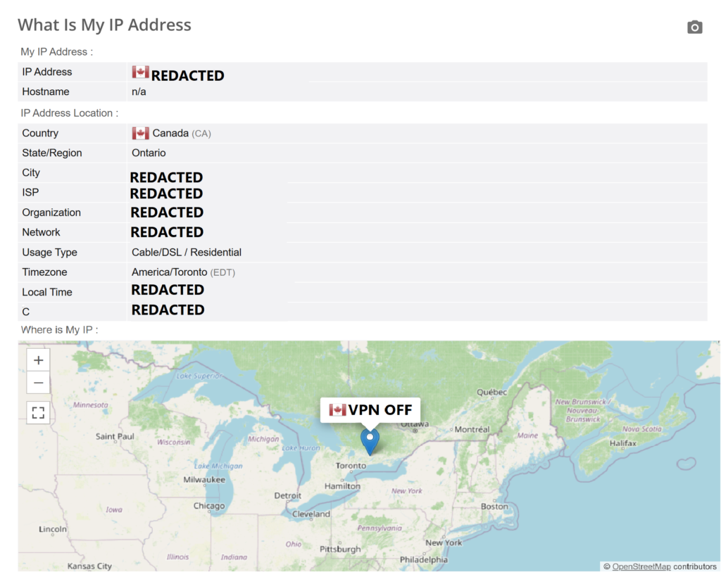 Canada VPN leak test showing BrowserLeaks results and VPN connection details